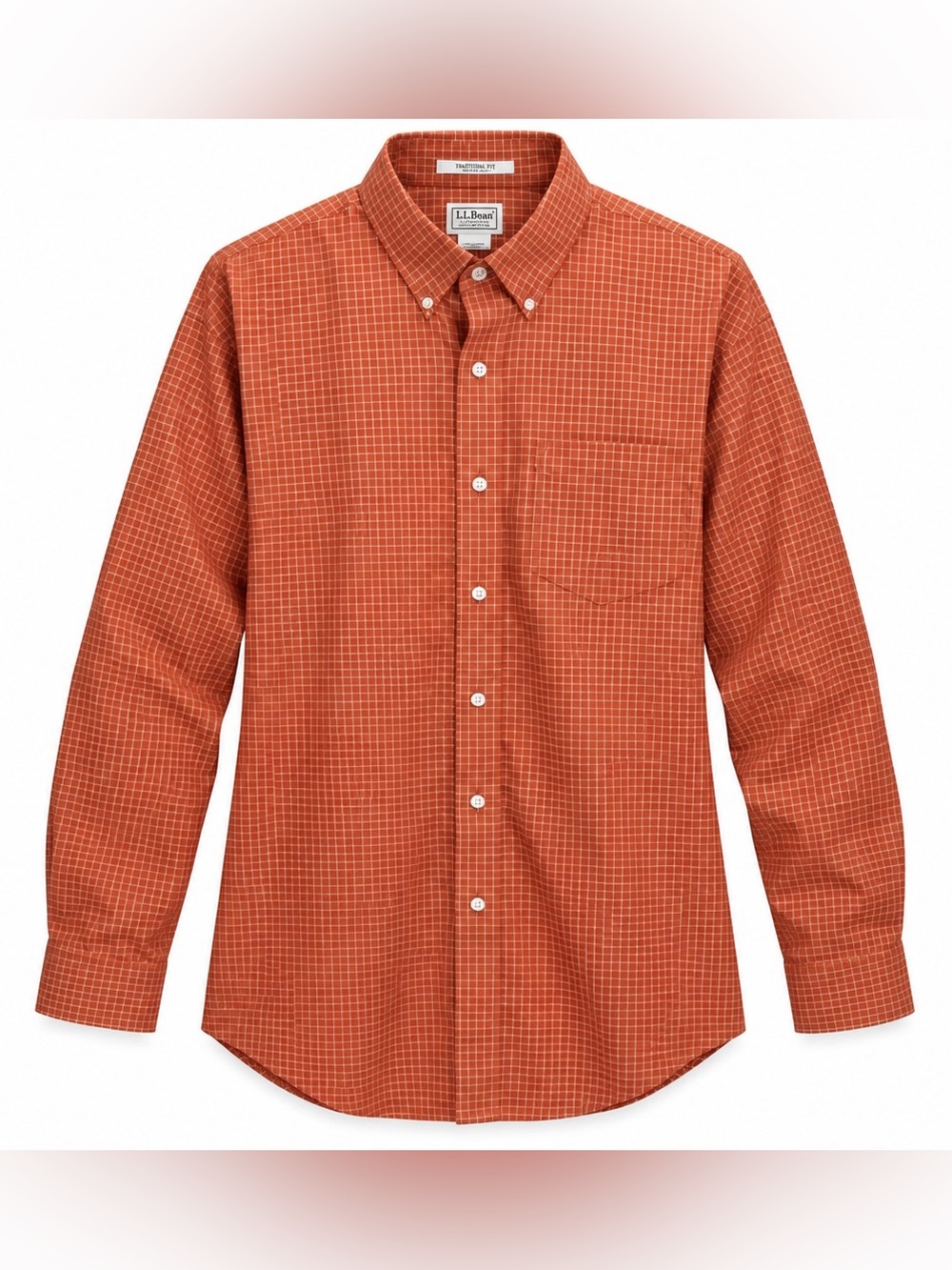 L.L.Bean Men’s Large Orange Check Wrinkle Free Cotton Button Down Shirt L Reg